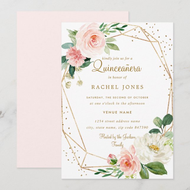 Blush Gold Floral Geometric Quinceanera Einladung (Vorne/Hinten)