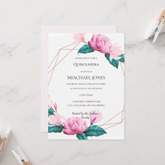Blush Gold Floral Geometric Quinceanera Einladung (Vorderseite/Rückseite Beispiel)