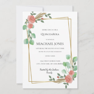 Blush Gold Floral Geometric Quinceanera Einladung
