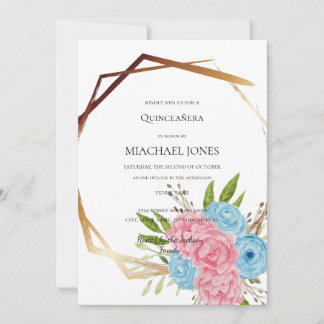 Blush Gold Floral Geometric Quinceanera Einladung