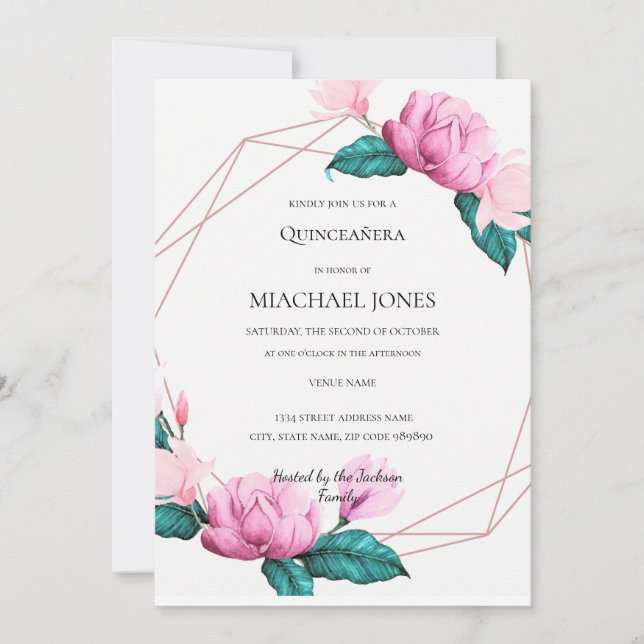 Blush Gold Floral Geometric Quinceanera Einladung (Vorderseite)