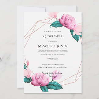 Blush Gold Floral Geometric Quinceanera Einladung