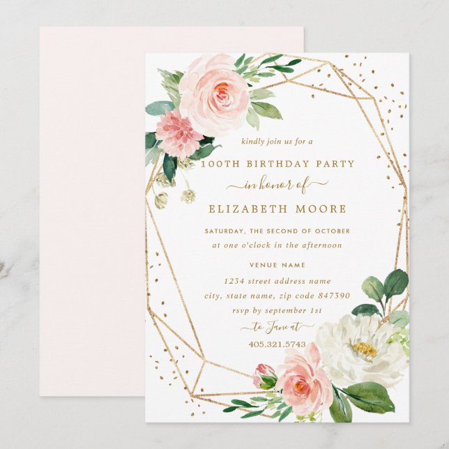 Blush Gold Floral Géométrique 100e Invitation d'an (Devant / Derrière)