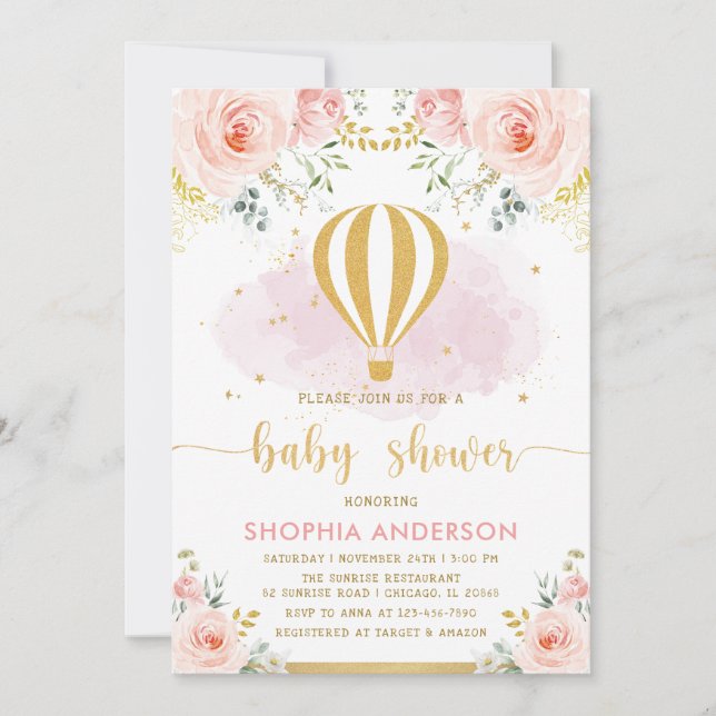 Blush Gold Floral Hot Air Ballon Girl Baby Dusche Einladung (Vorderseite)