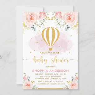 Blush Gold Floral Hot Air Ballon Girl Baby Dusche Einladung