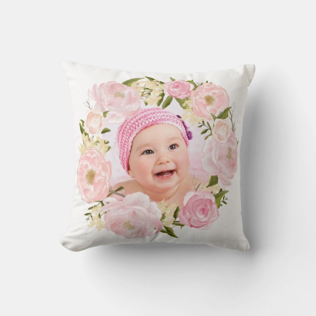 Blush Gold Floral Monogram Custom Foto Kinderzimme Kissen (Vorderseite)