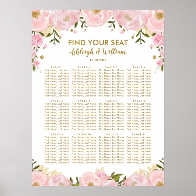 Blush Gold Floral Peonies Hochzeitsdiagramm Poster (Vorne)
