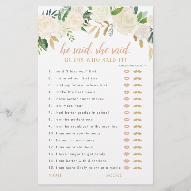 Blush Gold Floral sagte sie Dusche Spiel (Vorderseite)