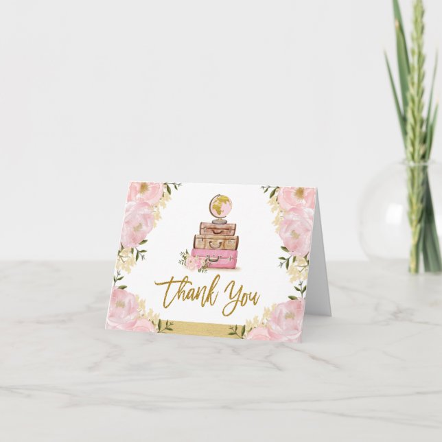 Blush Gold Floral Travel Suitcase Brautparty Dankeskarte (Vorderseite)