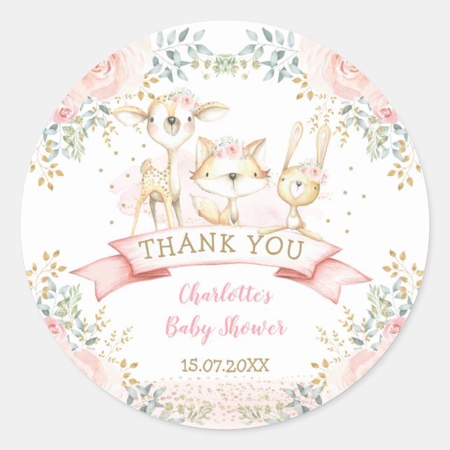 Blush Gold Floral Tribal Woodland Tiere Baby Runder Aufkleber (Vorderseite)