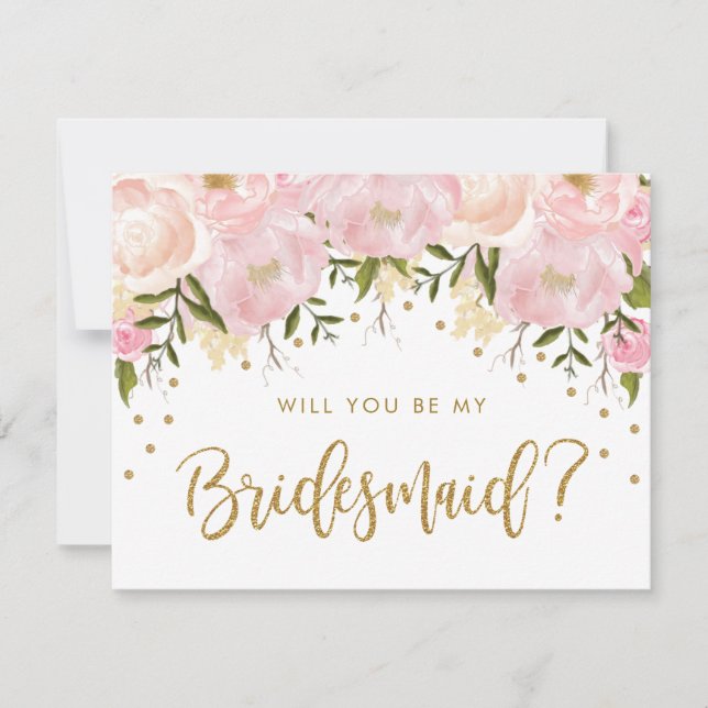 Blush Gold Floral werden Sie meine Bridesmädchen s Einladung (Vorderseite)
