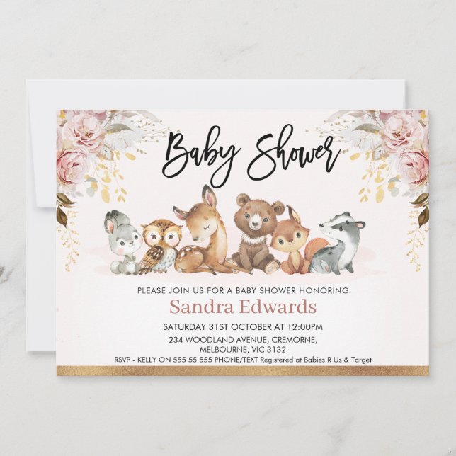 Blush Gold Floral Woodland Baby Dusche Einladung (Vorderseite)
