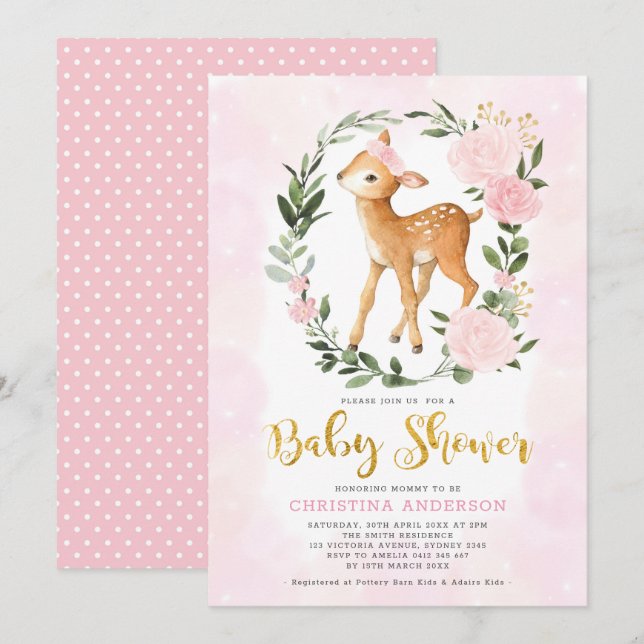 Blush Gold Floral Woodland Deer Girl Baby Dusche Einladung (Vorne/Hinten)