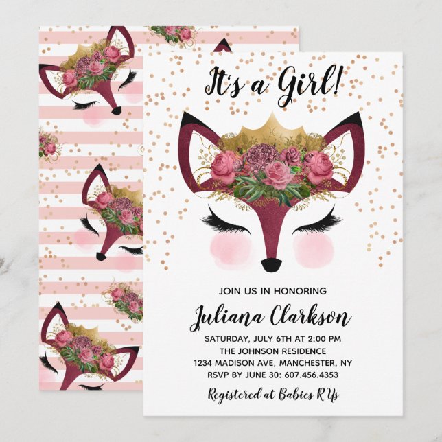 Blush & Gold Fox Princess Baby Dusche Einladung (Vorne/Hinten)