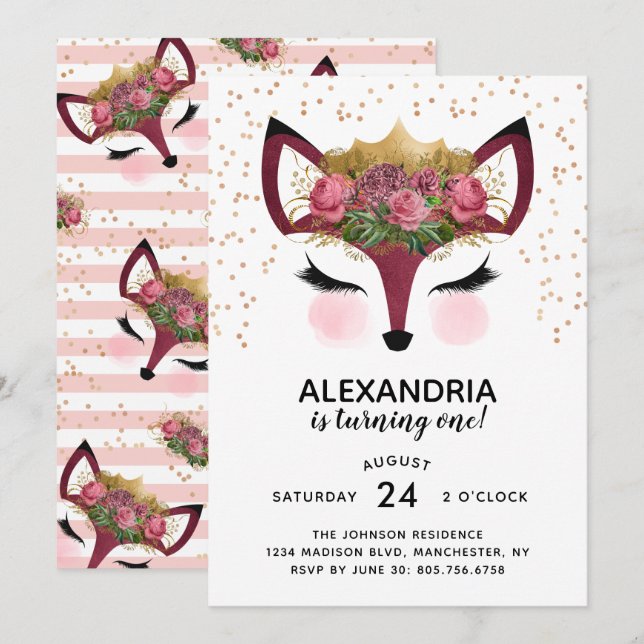 Blush & Gold Fox Princess Geburtstag Einladung (Vorne/Hinten)