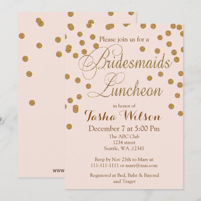 Blush Gold Glitzer Bridesmaids Luncheon lädt ein Einladung (Vorne/Hinten)