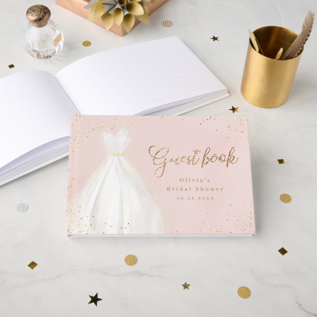 Blush Gold Glitzer Elegantes Dress Brautparty Gästebuch (Vorderseite Offen)