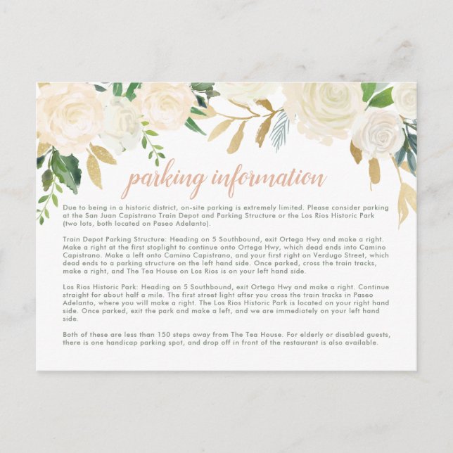 Blush Gold Green Floral Wedding Parking Informatio Postkarte (Vorderseite)