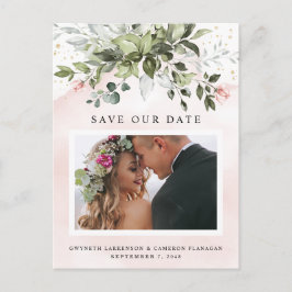 Blush Gold Greenery Dusty Blue Save the Date Foto Postkarte