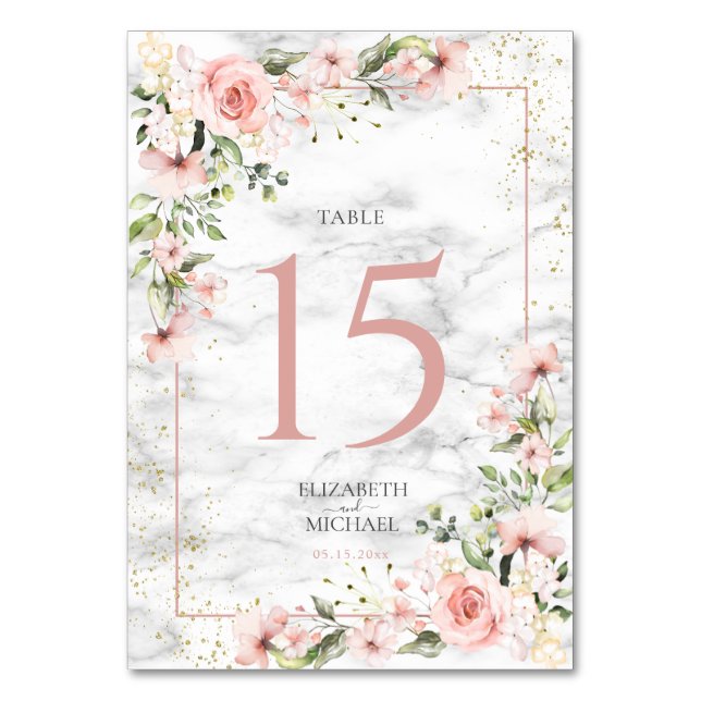 Blush Gold Greenery Dusty Pink Bloral Wedding Tischnummer (Vorderseite)