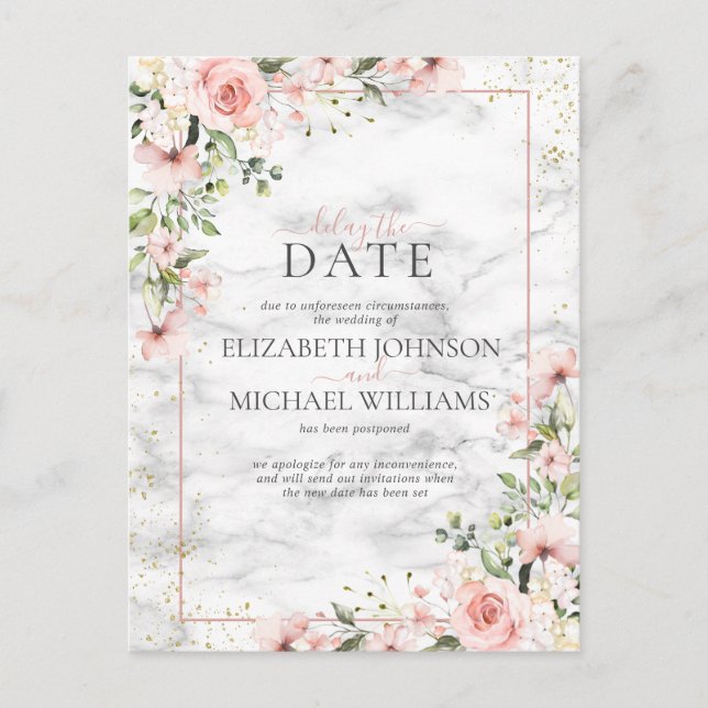 Blush Gold Greenery Dusty Pink Floral Delay Datum Postkarte (Vorderseite)