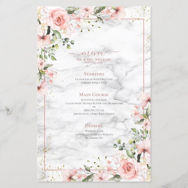 Blush Gold Greenery Dusty Rose Floral Mariage Menu (Devant)