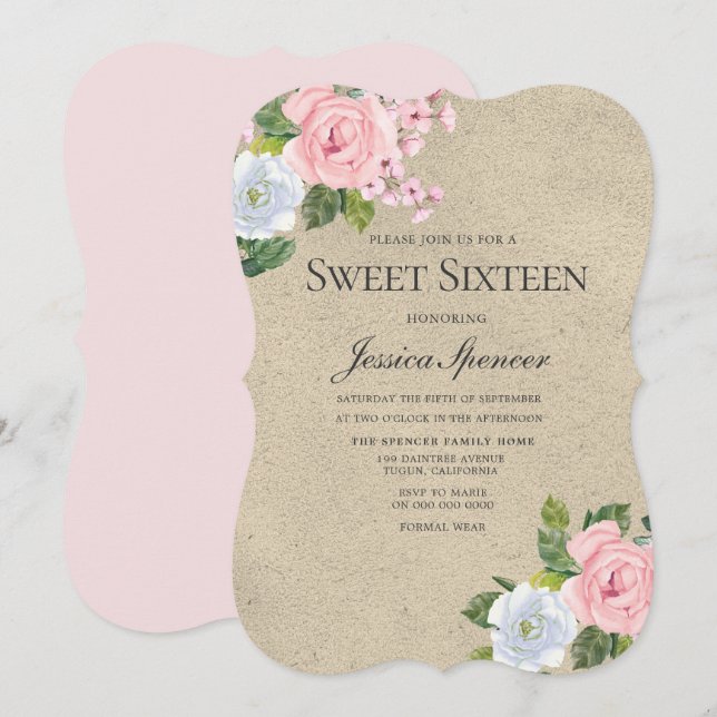 Blush & Gold Hübsche Blume Sweet 16 Einladung (Vorne/Hinten)