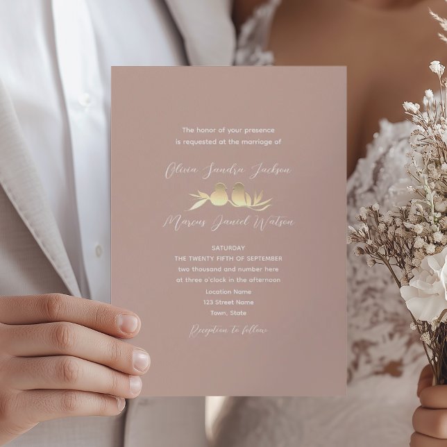 Blush Gold Lovebirds Hochzeit Einladung (Von Creator hochgeladen)