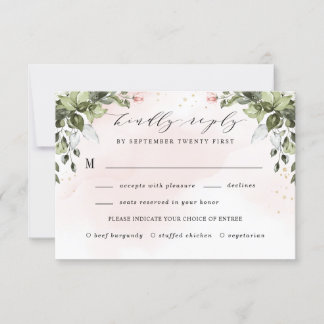 Blush Gold Meal Choice Greenery Dusty Blue Wedding RSVP Karte