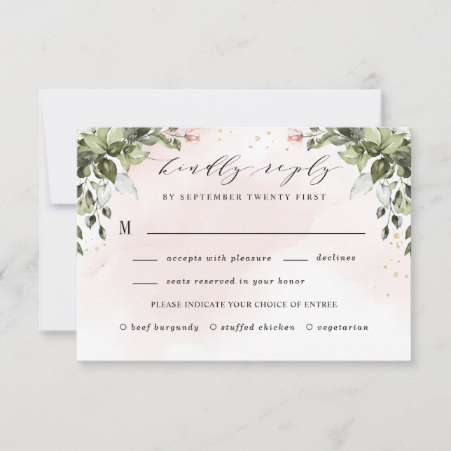 Blush Gold Meal Choice Greenery Dusty Blue Wedding RSVP Karte (Vorderseite)