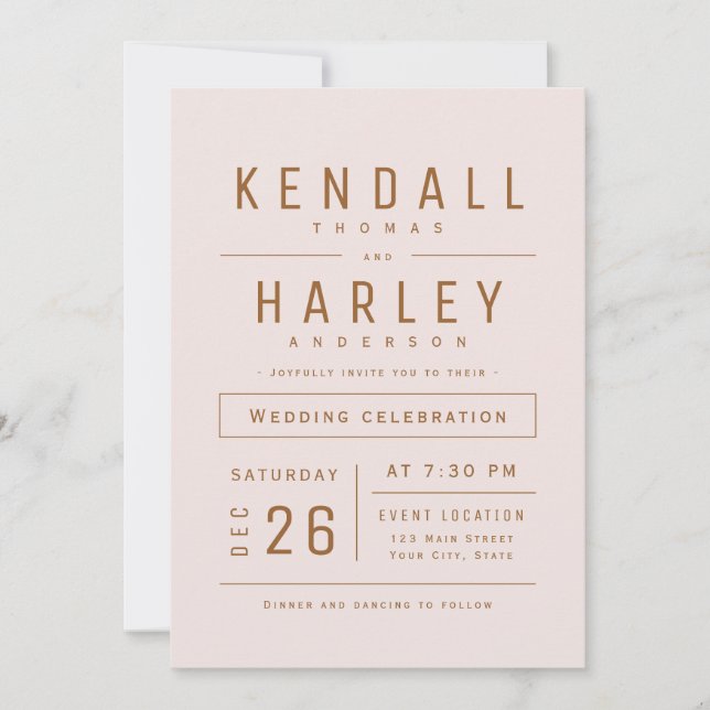 Blush Gold Moderne einfache Typografie Foto Hochze Einladung (Vorderseite)