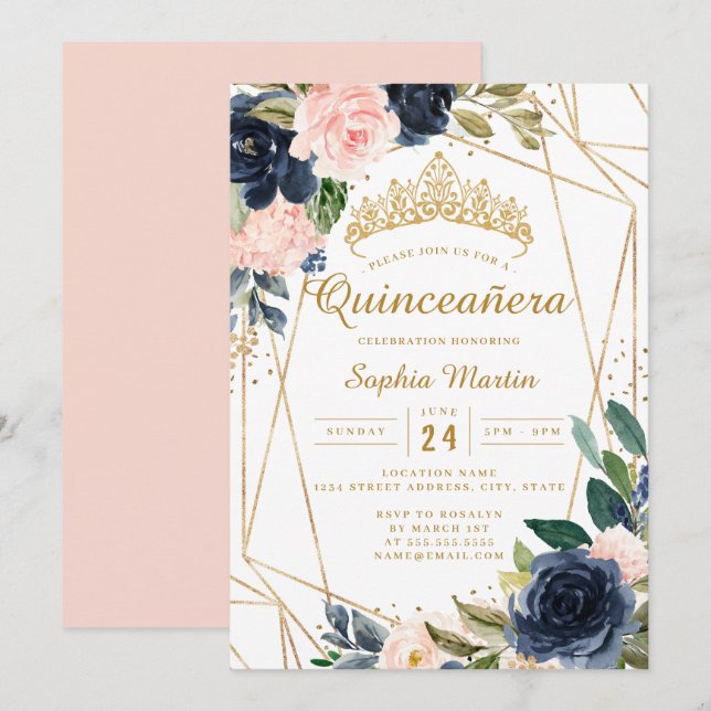 Blush Gold Navy Floral Geometric Quinceanera Einladung (Vorne/Hinten)