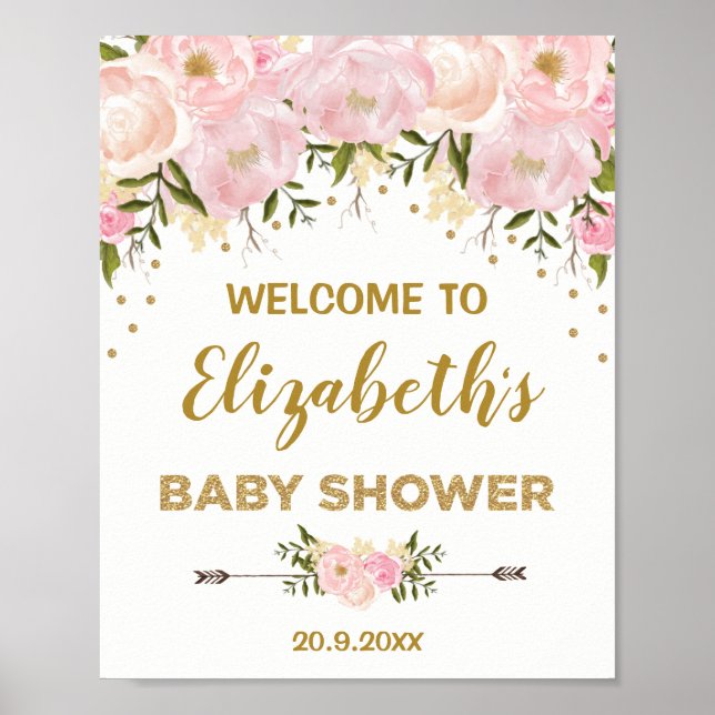 Blush Gold Peonies Chic Baby Dusche Willkommen Poster (Vorne)