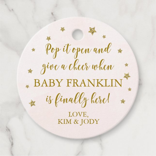 Blush & Gold Pop Es öffnet Mini Champagner Geschenkanhänger (Vorderseite)