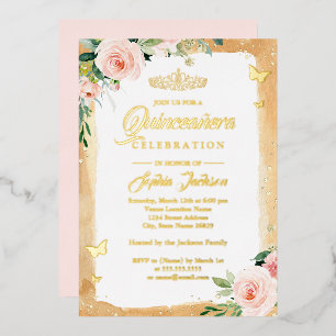Blush Gold Quinceanera Floral Sparkone Tiara Folieneinladung