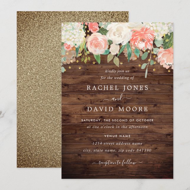 Blush Gold Rustic Wood Floral Wedding Einladung (Vorne/Hinten)