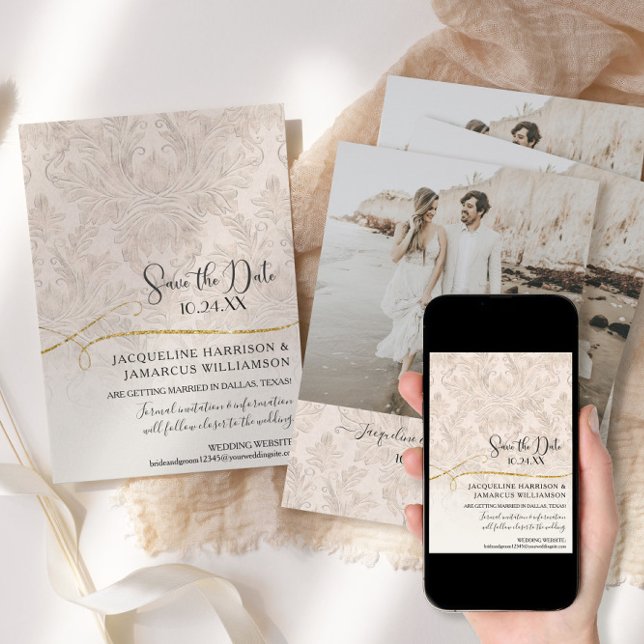Blush Gold Scroll Damask Verlobtes Foto Save The Date (Von Creator hochgeladen)