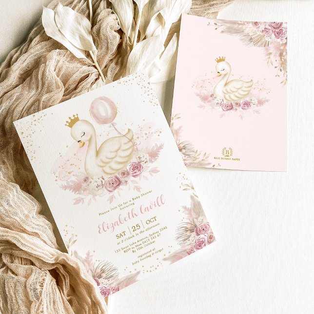 Blush Gold Swan Princess Balloon Girl Baby Dusche Einladung (Von Creator hochgeladen)