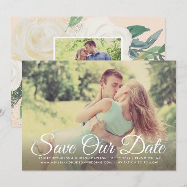 Blush Gold und Green Floral Wedding Foto Save The Date (Vorne/Hinten)