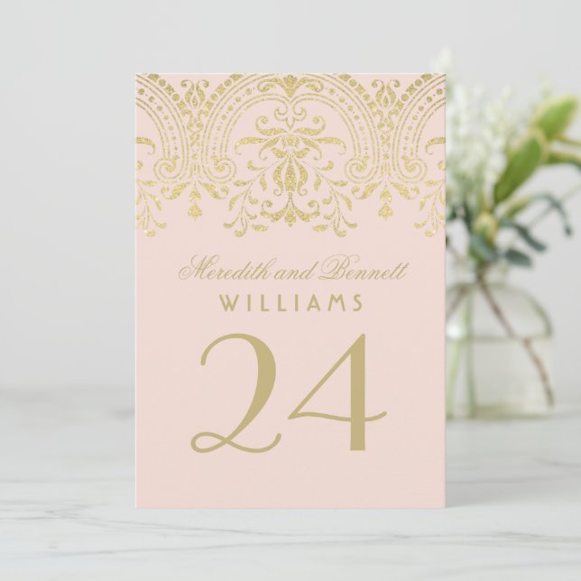 Blush Gold Vintage Glamour Hochzeit Tischnummer (Stehend Vorderseite)