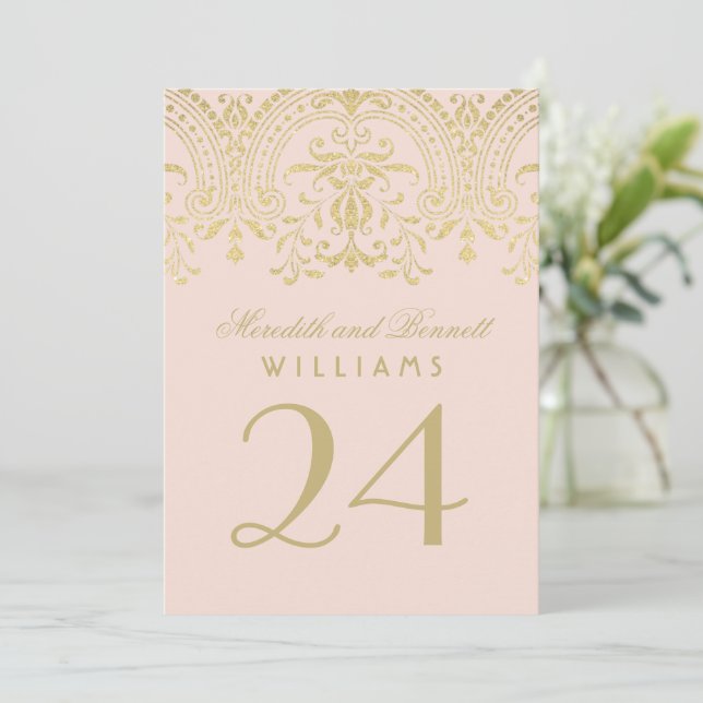 Blush Gold Vintage Glamour Hochzeit Tischnummer (Stehend Vorderseite)