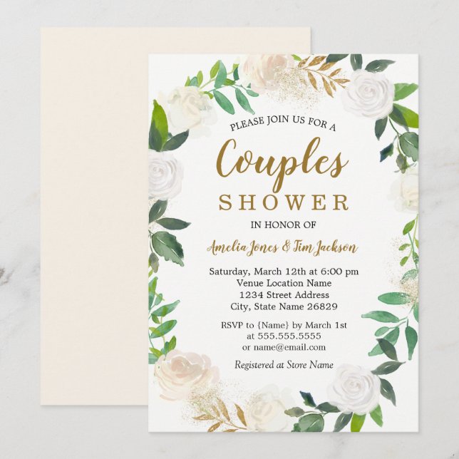 Blush Gold Watercolor Wreath Paare Dusche Einladung (Vorne/Hinten)