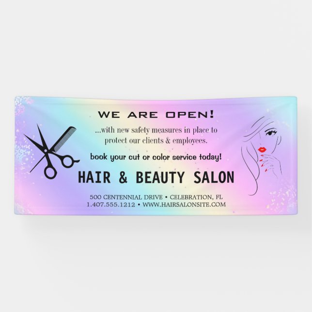 Blush & Gold Whiskschere Friseursalon Wiedereröffn Banner (Horizontal)