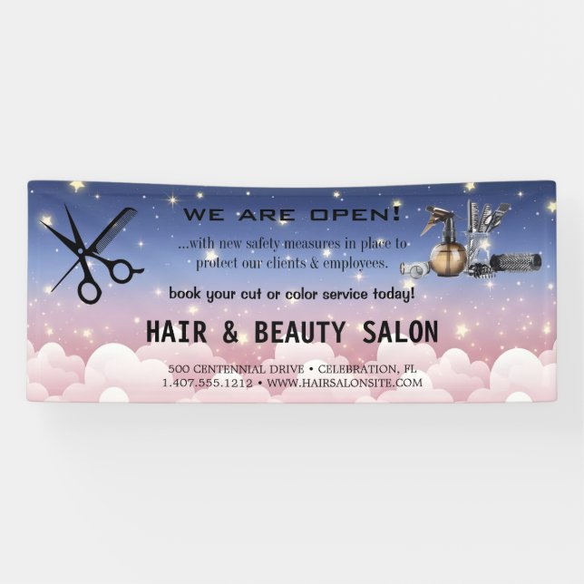 Blush & Gold Whiskschere Friseursalon Wiedereröffn Banner (Horizontal)