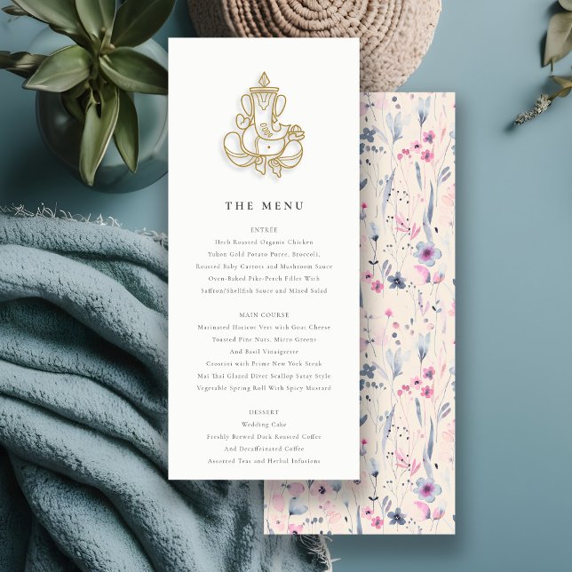 Blush Gold Wildblume Ganesh Indian Wedding Menu Einladung (Von Creator hochgeladen)