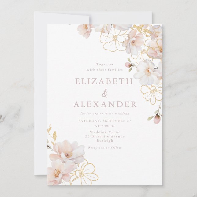 Blush & Gold Wildflowers Elegant Wedding Einladung (Vorderseite)