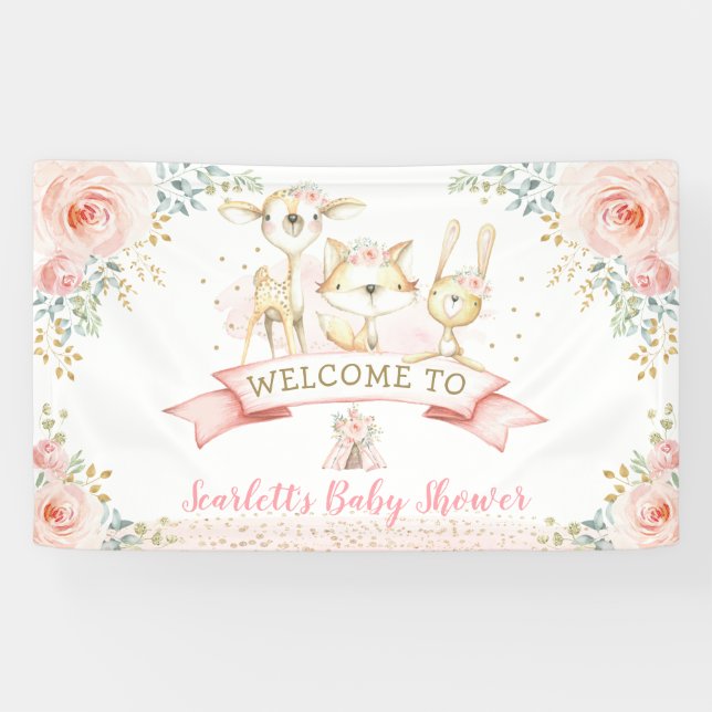 Blush Gold Woodland Animals Kinderdusche Willkomme Banner (Horizontal)