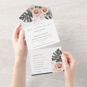 BLUSH GRAU FLORALER KRANZ MONSTRERA BLATT HOCHZEIT ALL IN ONE EINLADUNG