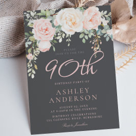 Blush & Gray Elegant Floral 90. Geburtstagsparty Einladung