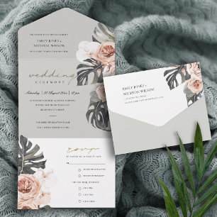 BLUSH GRAY PEACH FLORAL MONSTRERA LEAF WEDD ALL IN ONE EINLADUNG